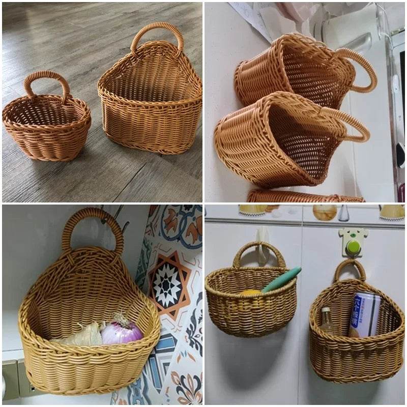 Kitchen Storage Basket with Handle Woven Hanging Baskets for Living Room Fruit Sundries Organizer Home Decor Hand-Woven Baskets