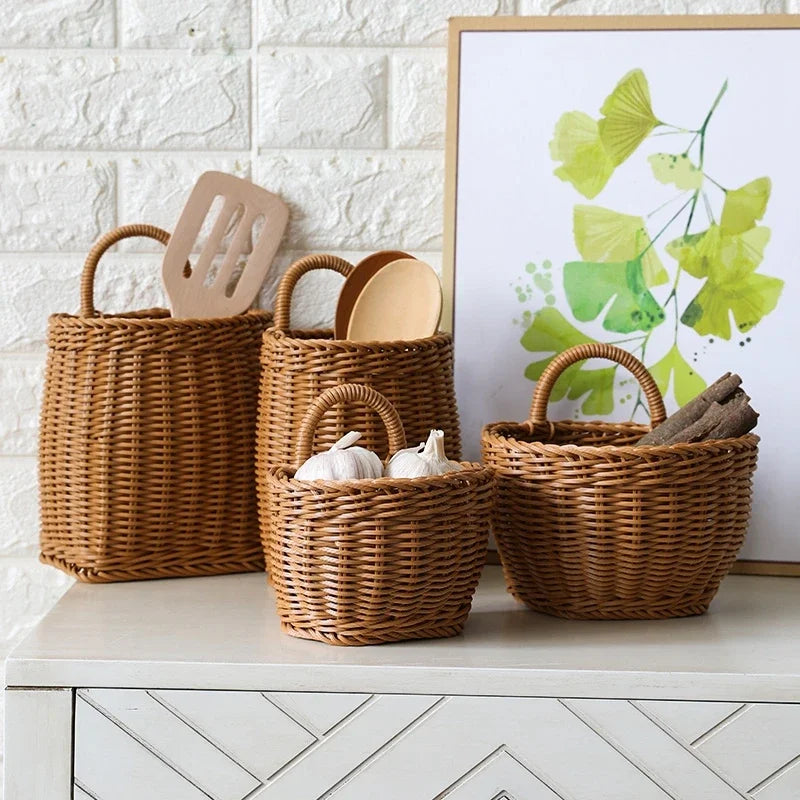 Kitchen Storage Basket with Handle Woven Hanging Baskets for Living Room Fruit Sundries Organizer Home Decor Hand-Woven Baskets