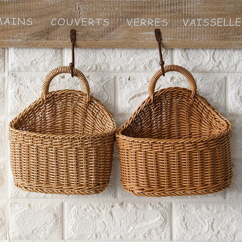 Kitchen Storage Basket with Handle Woven Hanging Baskets for Living Room Fruit Sundries Organizer Home Decor Hand-Woven Baskets